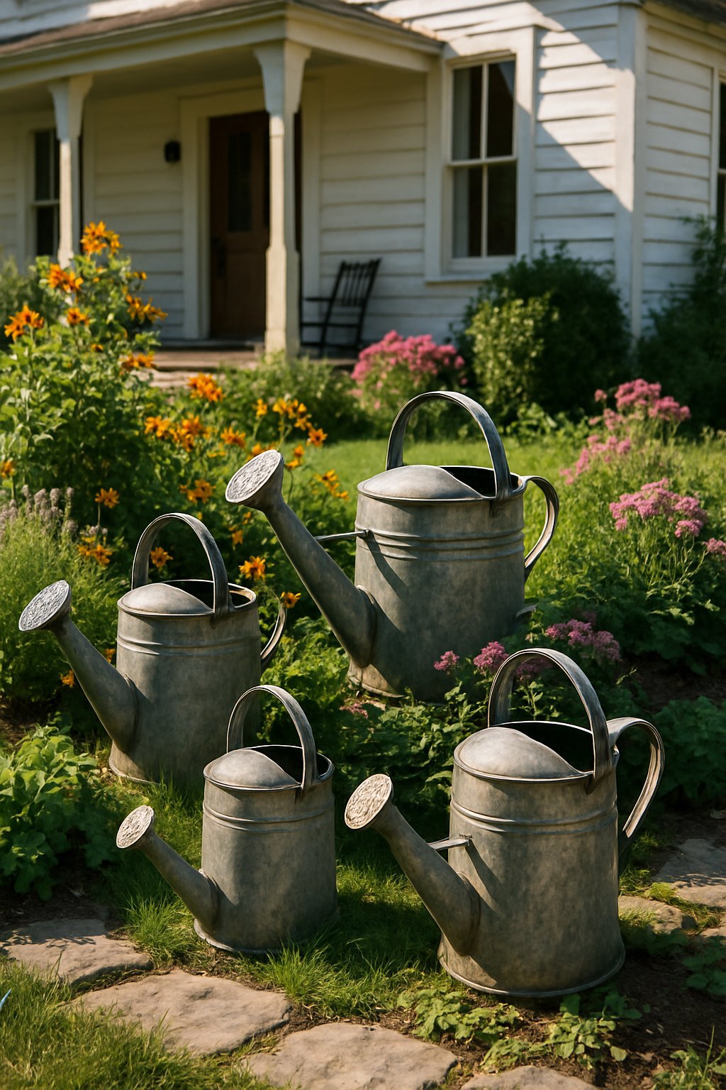 A farmhouse front yard with vintage metal watering cans arranged among grass, flowers, and stone pathways near a white wooden house.
