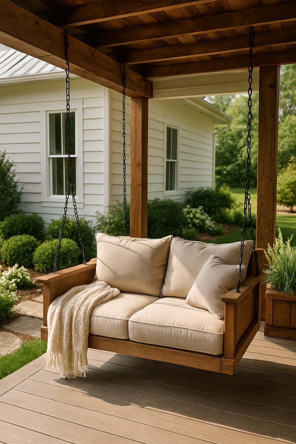 A comfy swing chair on a farmhouse porch overlooking a landscaped front yard with plants and a stone pathway.