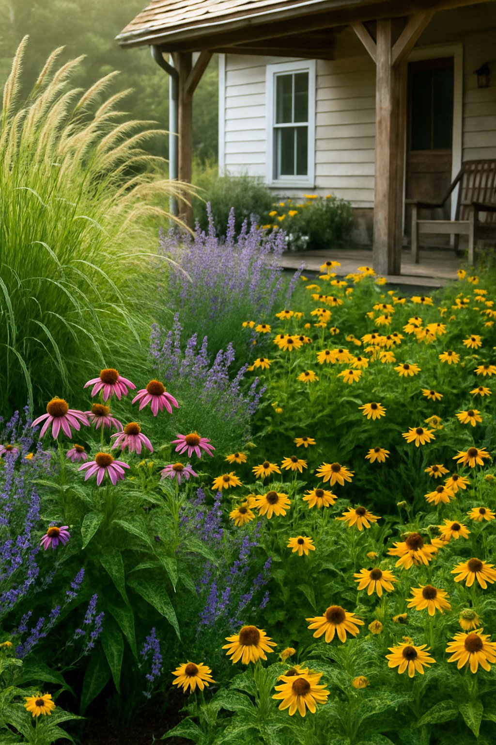 Front yard of a farmhouse with tall grasses and colorful flowering plants arranged in a natural garden setting.