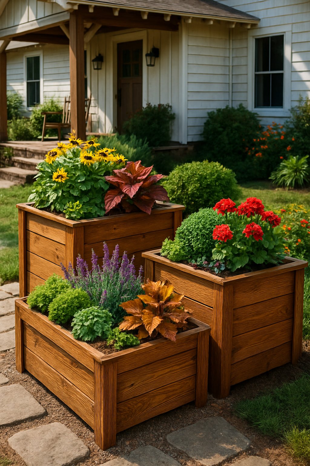 Front yard with natural wood planter boxes filled with green plants and colorful flowers in front of a farmhouse.