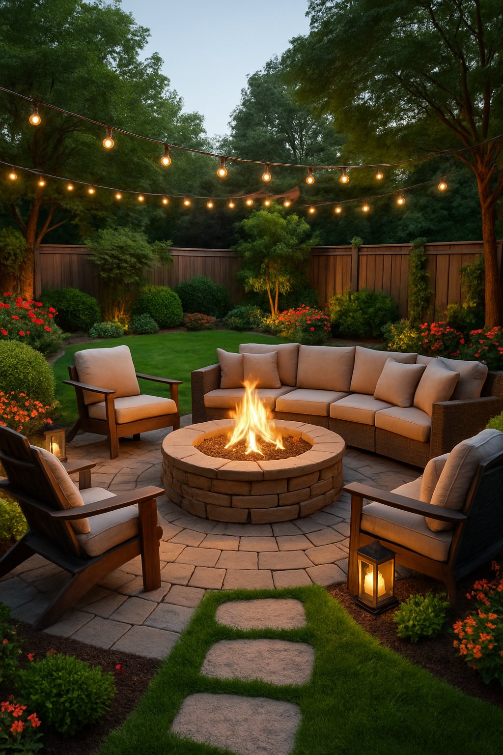 A backyard with a circular stone fire pit surrounded by cushioned outdoor seating, green grass, plants, and decorative lighting.