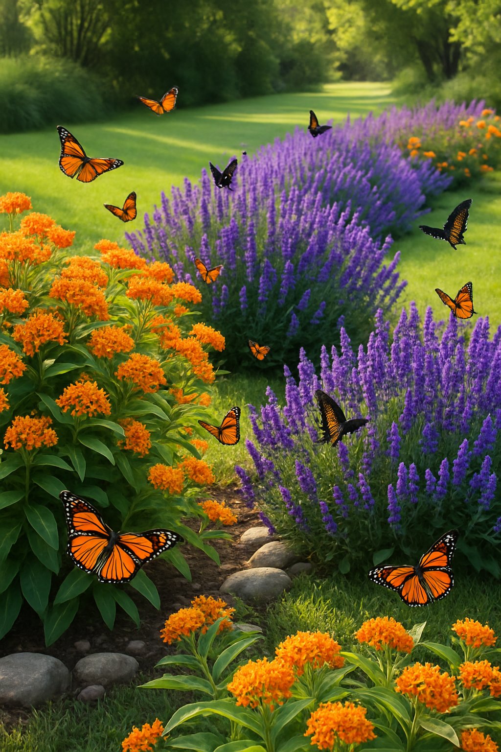 A vibrant butterfly garden with blooming milkweed and lavender plants surrounded by green grass and butterflies flying among the flowers.