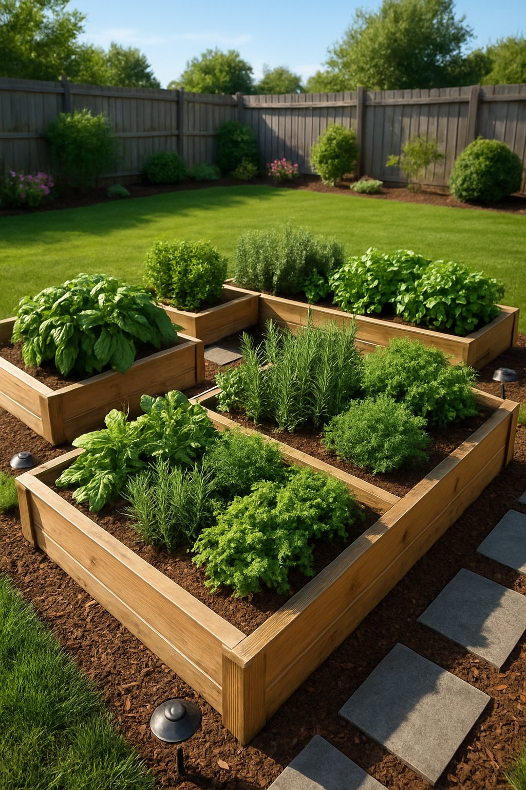 A raised wooden herb garden with various fresh green herbs in a landscaped backyard featuring stone pathways, grass, and a clear sky.