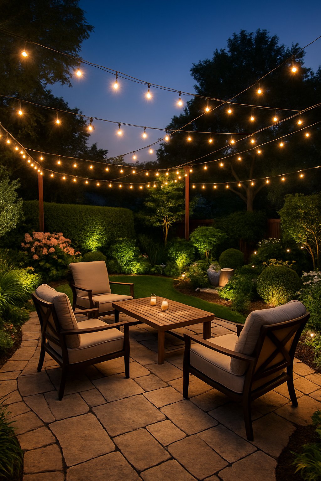 A cozy patio with string lights hanging overhead, surrounded by plants, flowers, and outdoor furniture at dusk.
