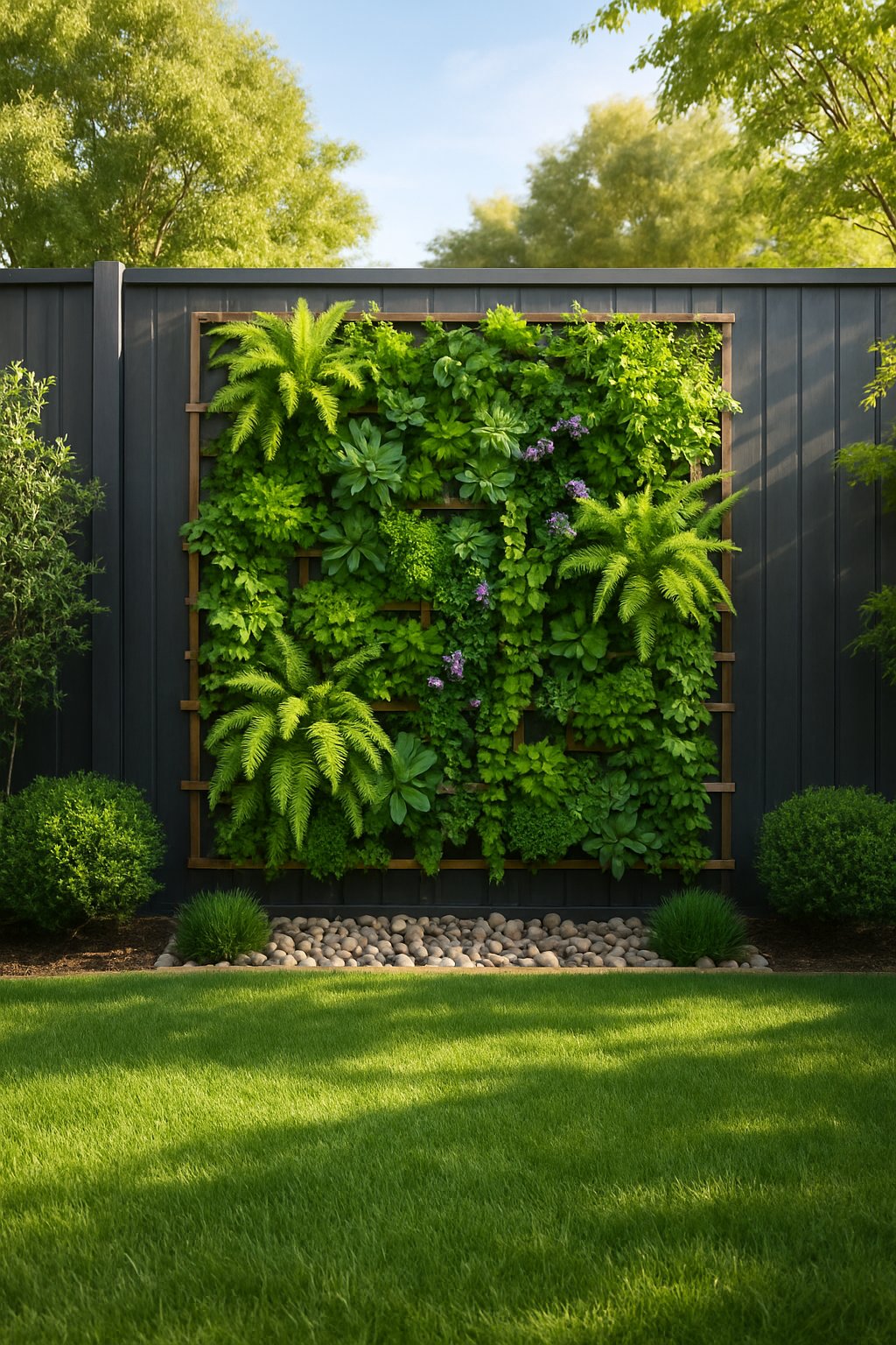 A backyard with a vertical garden on a fence surrounded by green plants, grass, and decorative landscaping elements.
