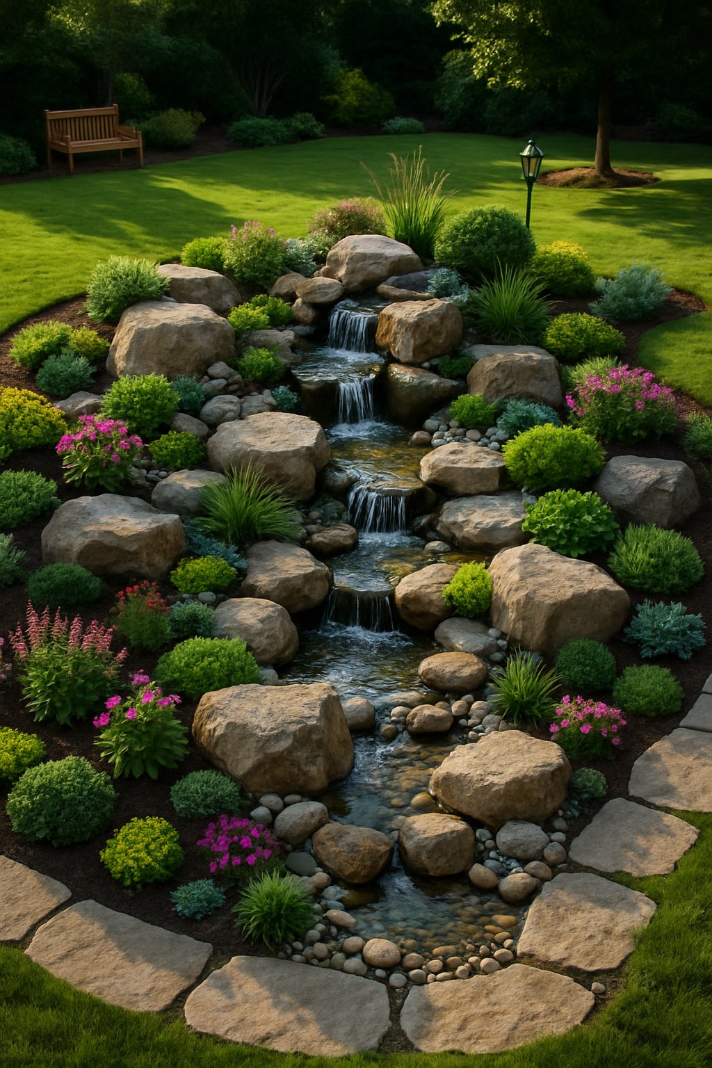 A 27-yard landscaped garden featuring a decorative rock garden with stones, plants, flowers, pathways, and a small water feature surrounded by a lawn and garden elements.