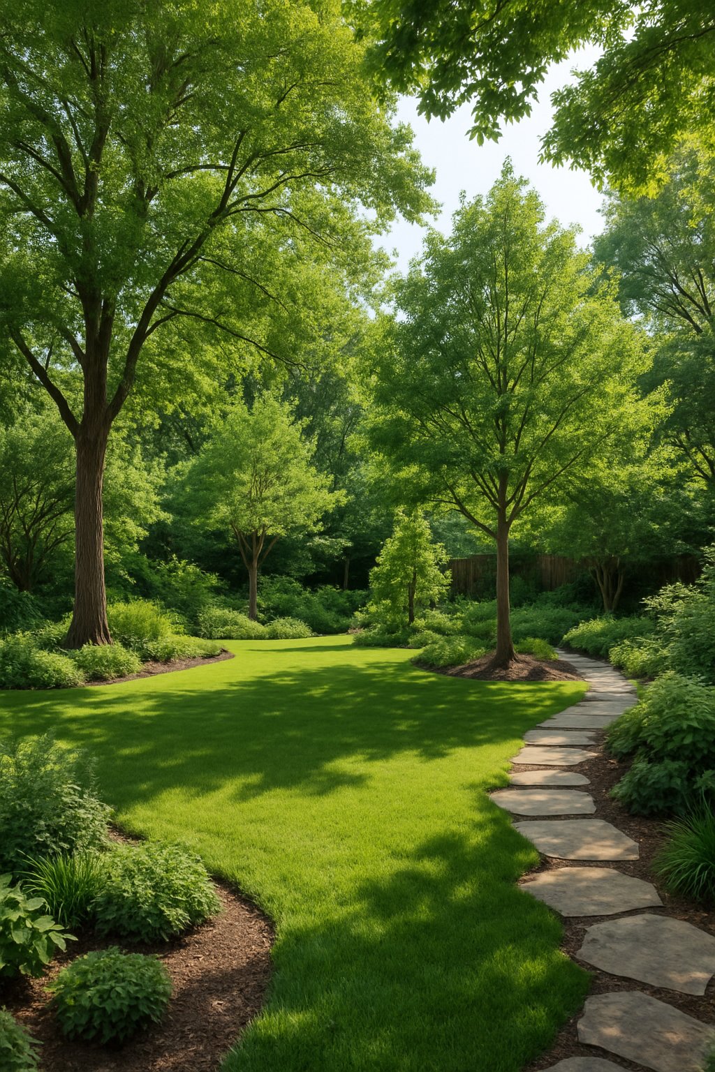 A spacious backyard with a variety of native trees and plants providing shade and privacy, featuring green grass and stone pathways.