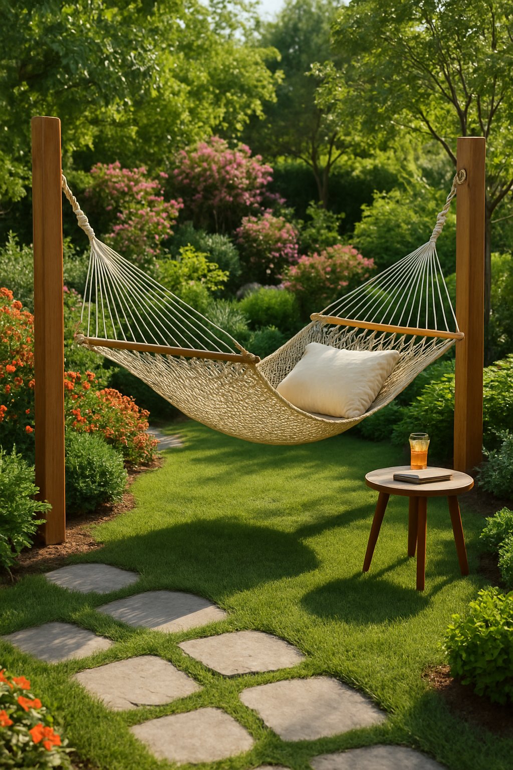 A hammock set up between two wooden posts in a landscaped garden with green grass, flowering plants, shrubs, and trees, featuring a small side table with a drink and a book nearby.