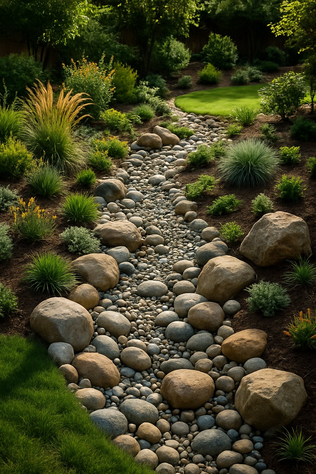A dry creek bed made of smooth river rocks winding through a landscaped garden with plants, shrubs, and boulders in a residential yard.