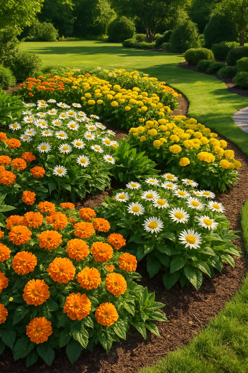A landscaped garden with colorful flower beds of marigolds and daisies, surrounded by green grass and trimmed shrubs.