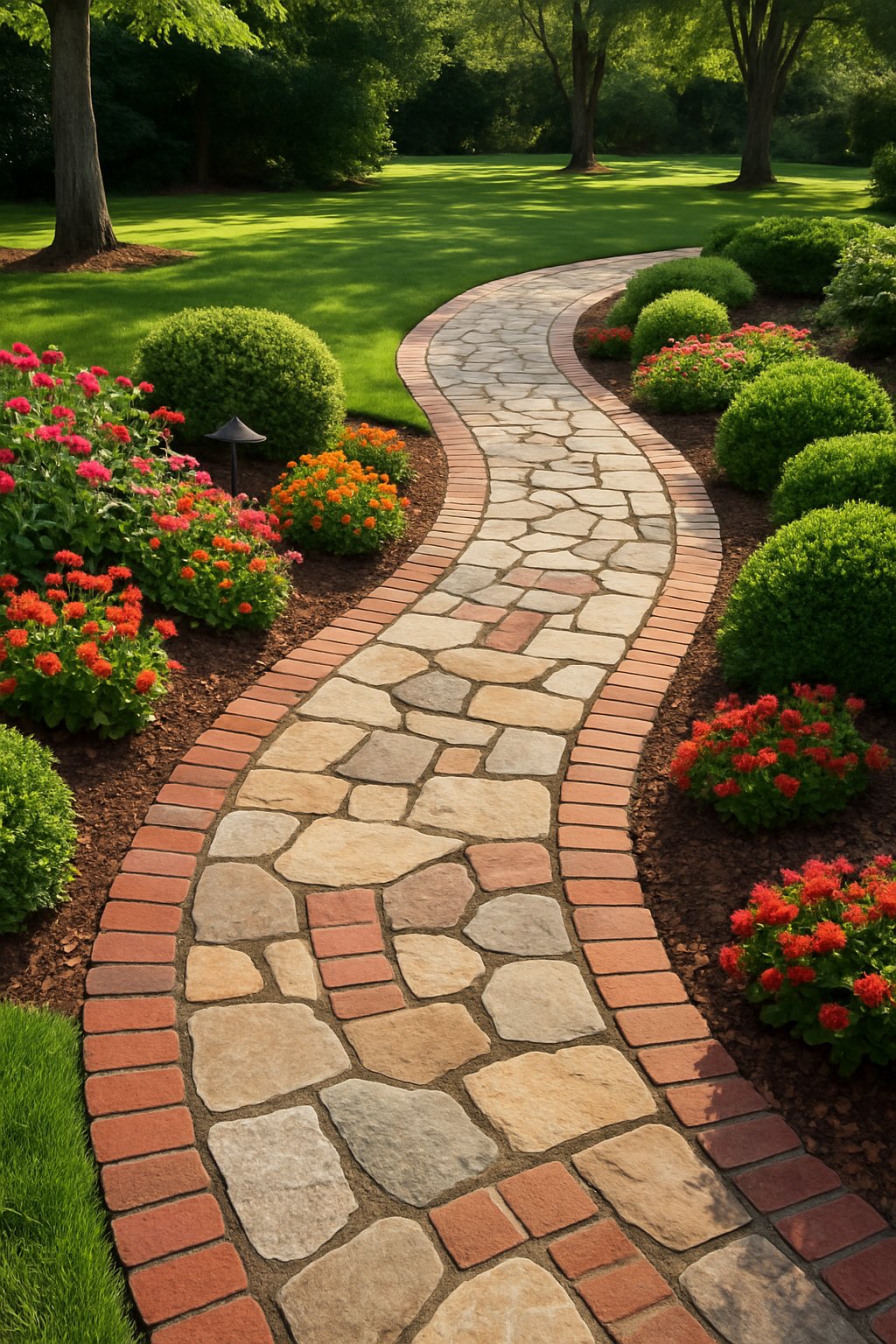 A stone and brick pathway winding through a well-maintained yard with green grass, flowering plants, and trees.