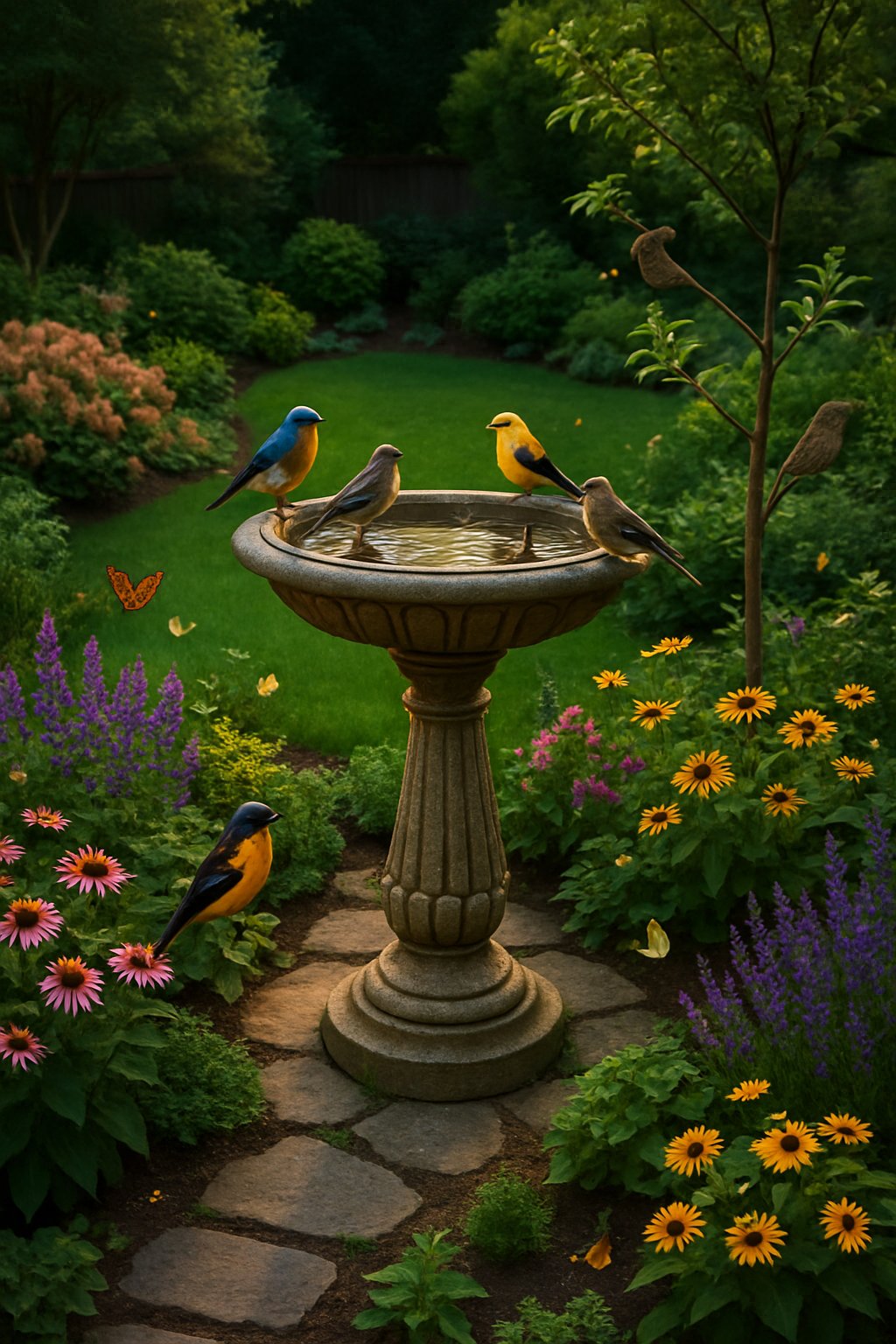 A backyard garden with a stone bird bath surrounded by flowers, shrubs, and small trees, with birds perched on the bird bath and nearby branches.