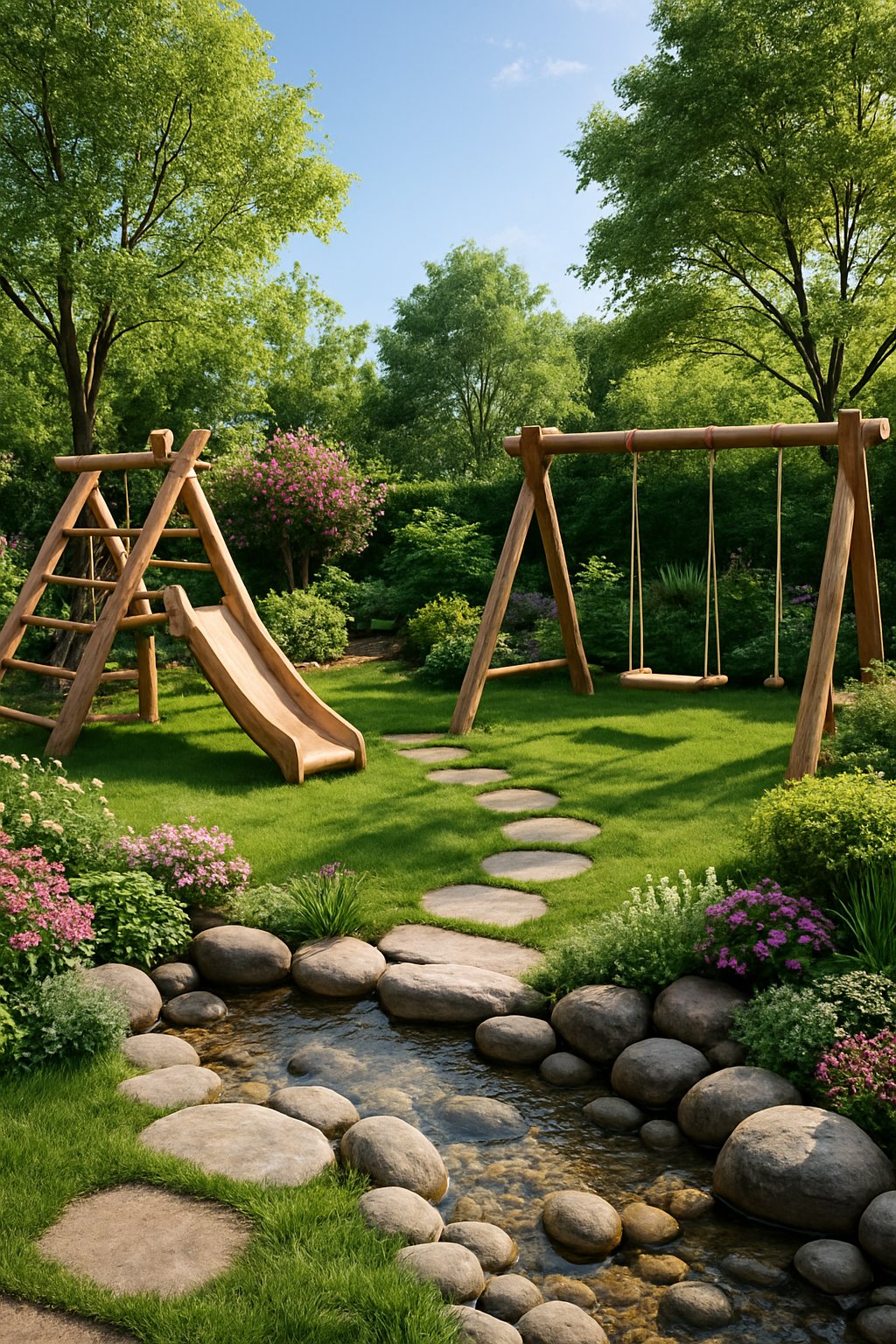 A children’s play area surrounded by trees, grass, wooden play structures, stone pathways, and a small water feature in a landscaped garden.