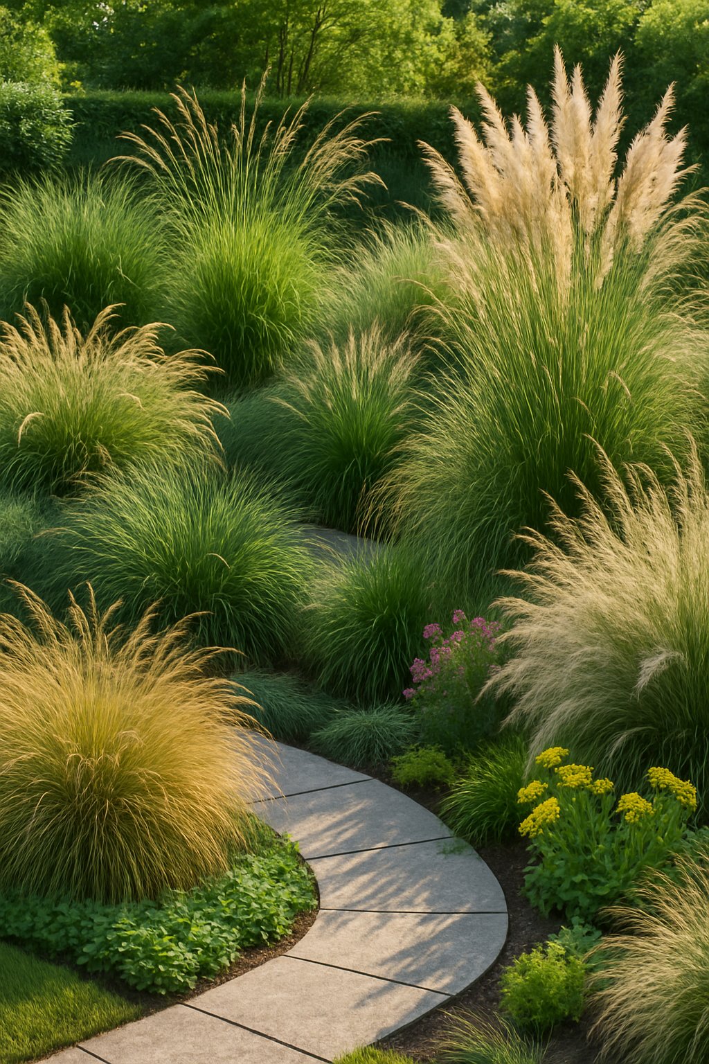A landscaped yard featuring various ornamental grasses arranged along garden beds and pathways, with smooth stones and flowering plants, under natural daylight.