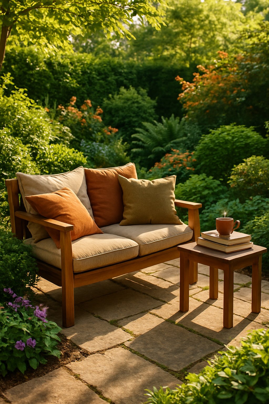 A cozy outdoor reading nook with cushions surrounded by green plants and flowers in a garden setting.