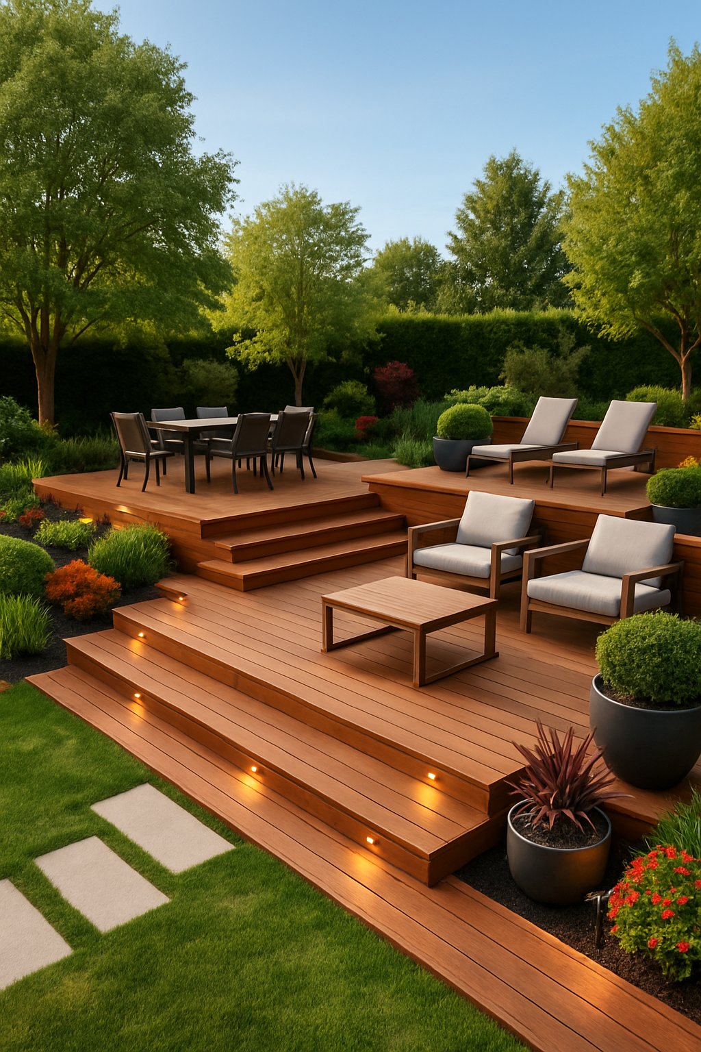 A multi-level wooden deck with outdoor seating and dining areas surrounded by a landscaped backyard with grass, shrubs, and flowers.