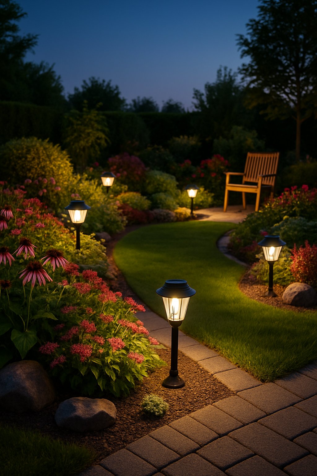A landscaped 27-yard garden at dusk with solar-powered garden lights illuminating pathways, plants, and outdoor furniture.