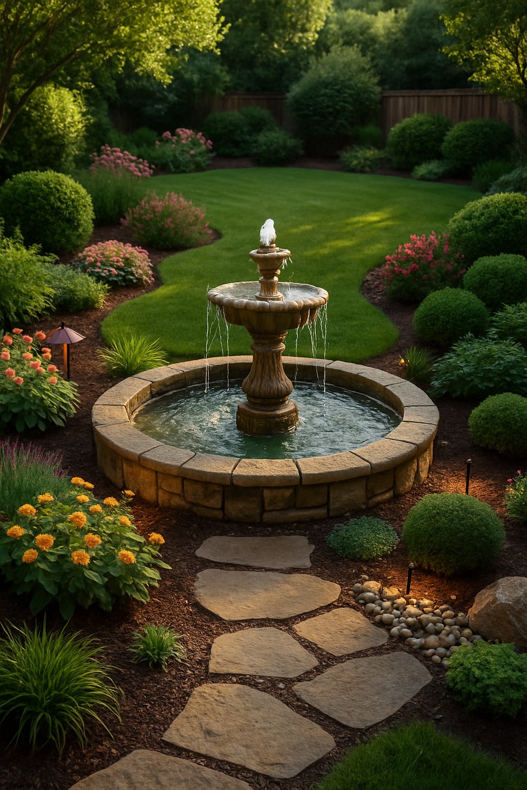 A backyard with a small stone water fountain surrounded by green grass, colorful flowers, and trimmed shrubs under soft daylight.