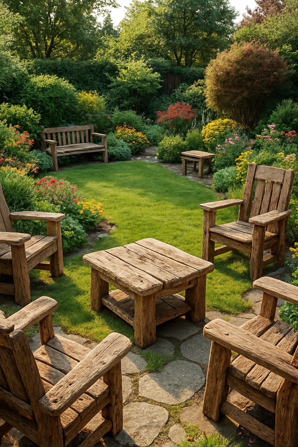 A backyard garden with reclaimed wood furniture including chairs and tables surrounded by green lawn, colorful flowers, and stone pathways.