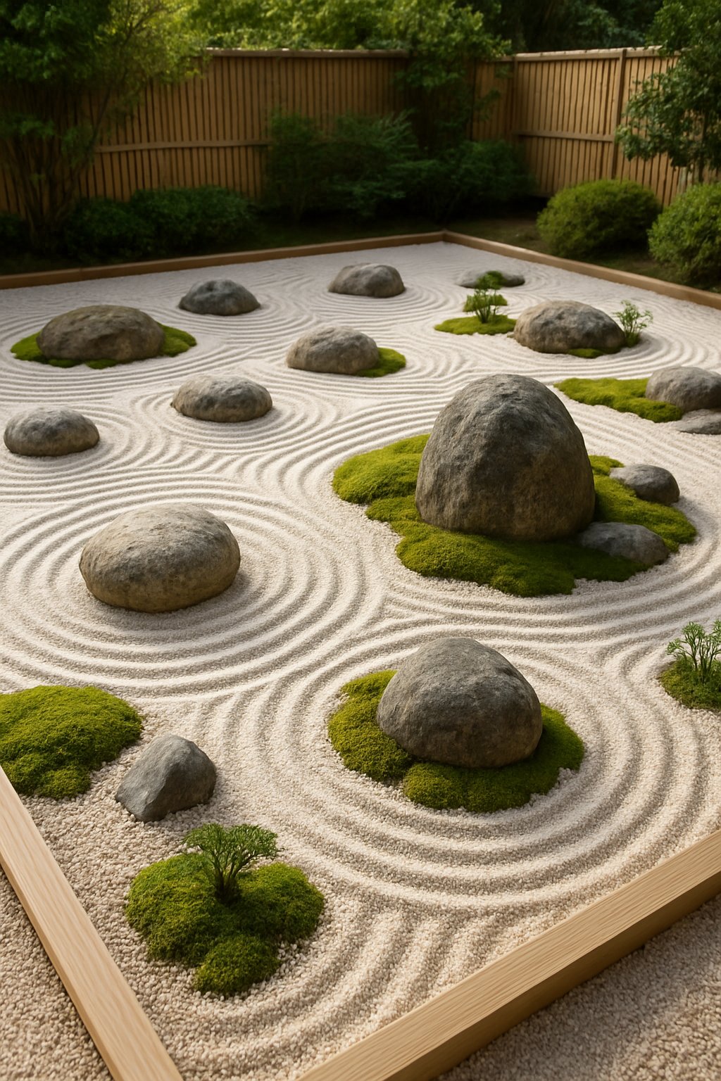 A zen garden with white sand raked into patterns around smooth stones, small plants, and wooden borders in a landscaped outdoor setting.