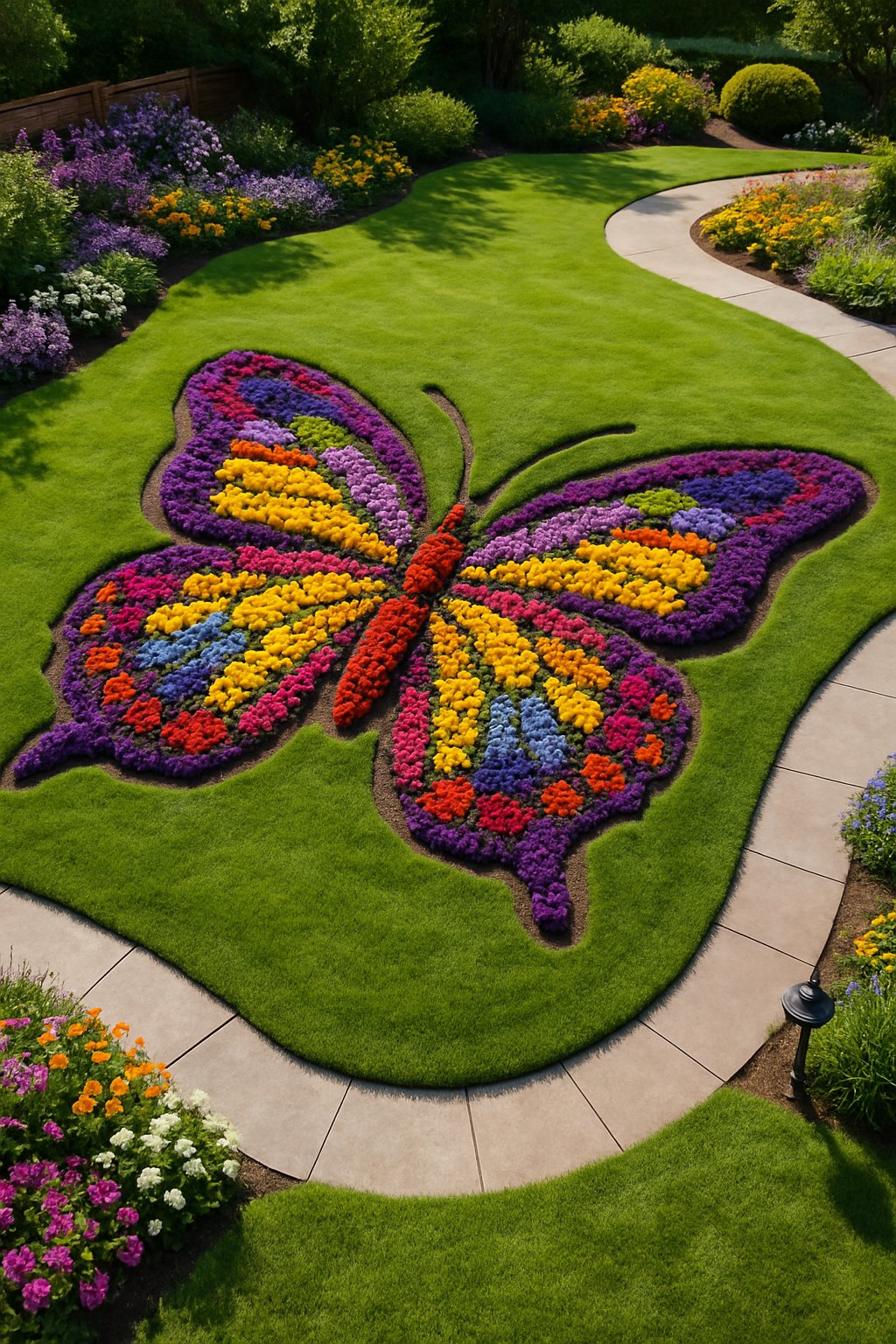 A butterfly-shaped flower bed filled with colorful flowers in a neatly landscaped garden surrounded by green grass and small shrubs.