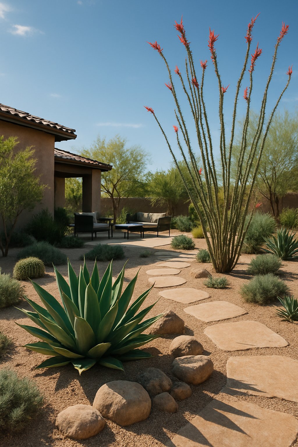 An Arizona backyard with agave and ocotillo plants, stone pathways, sandy soil, and a modern patio area under a clear blue sky.