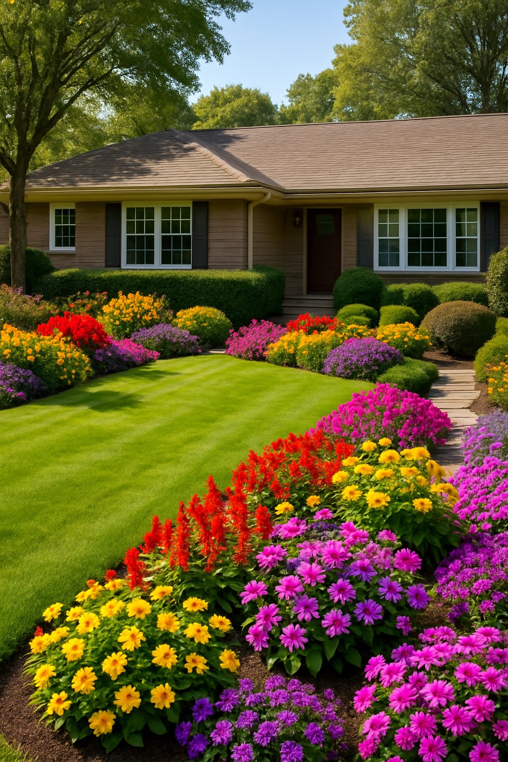 A classic ranch house with a green lawn and colorful flower beds in front, surrounded by shrubs and trees.