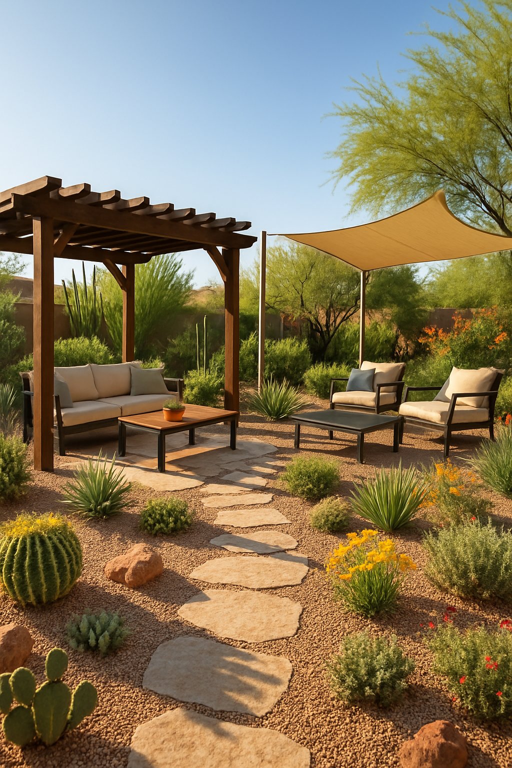 An Arizona backyard with shaded seating areas under pergolas and shade sails surrounded by desert plants and stone pathways.