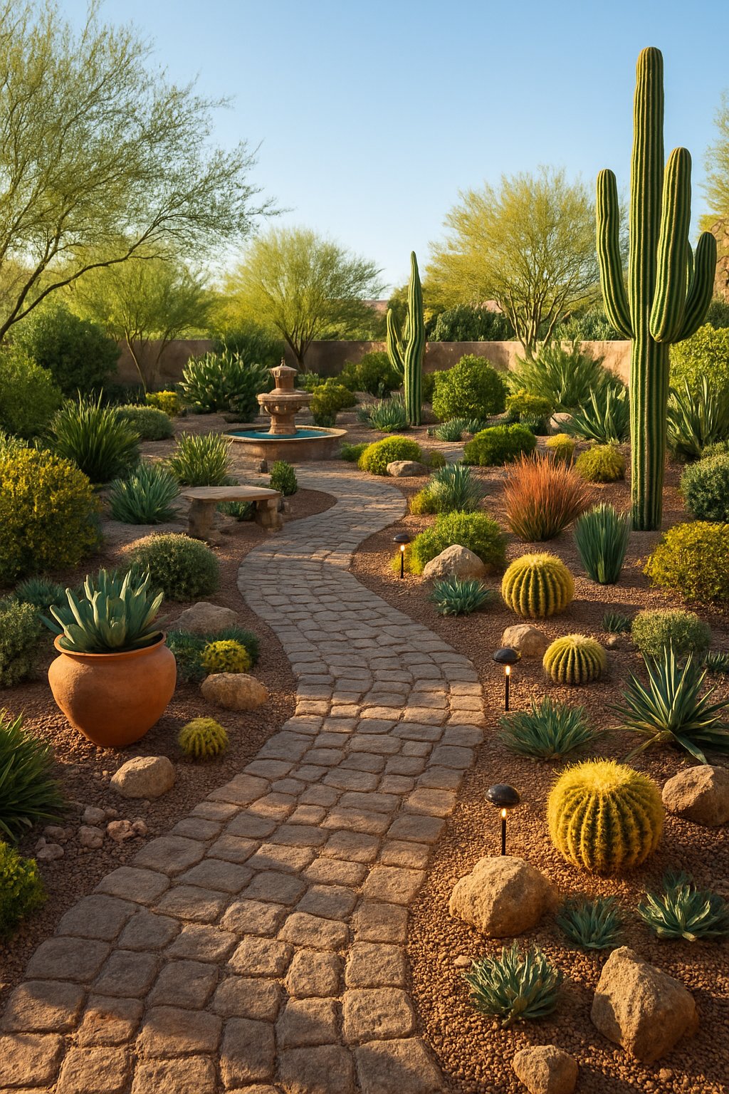 An Arizona backyard with cobblestone pathways winding through desert plants, rocks, and seating areas.