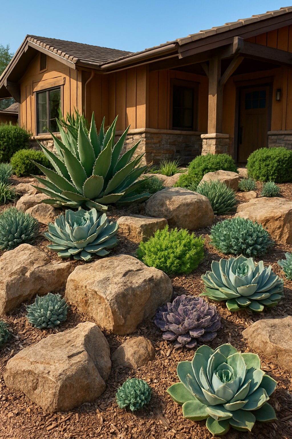 A rock garden with various succulents arranged around natural stones in front of a ranch house with rustic architecture under a clear blue sky.