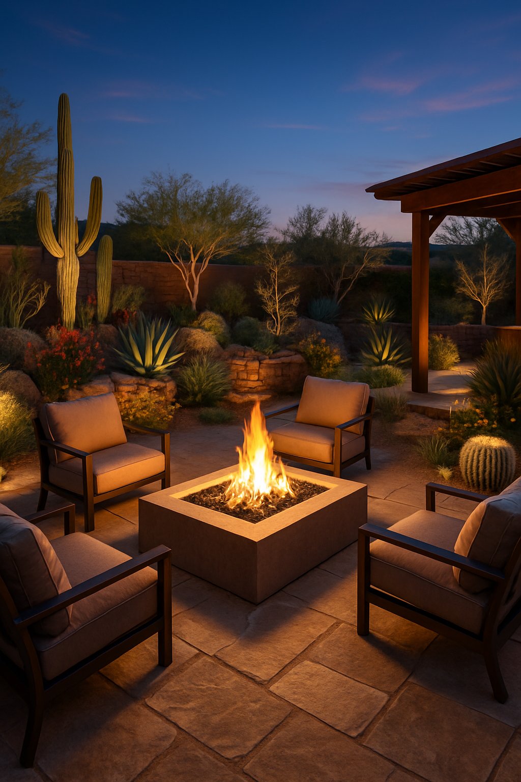 An Arizona backyard at dusk with a modern fire pit surrounded by seating, desert plants, and stone patio.