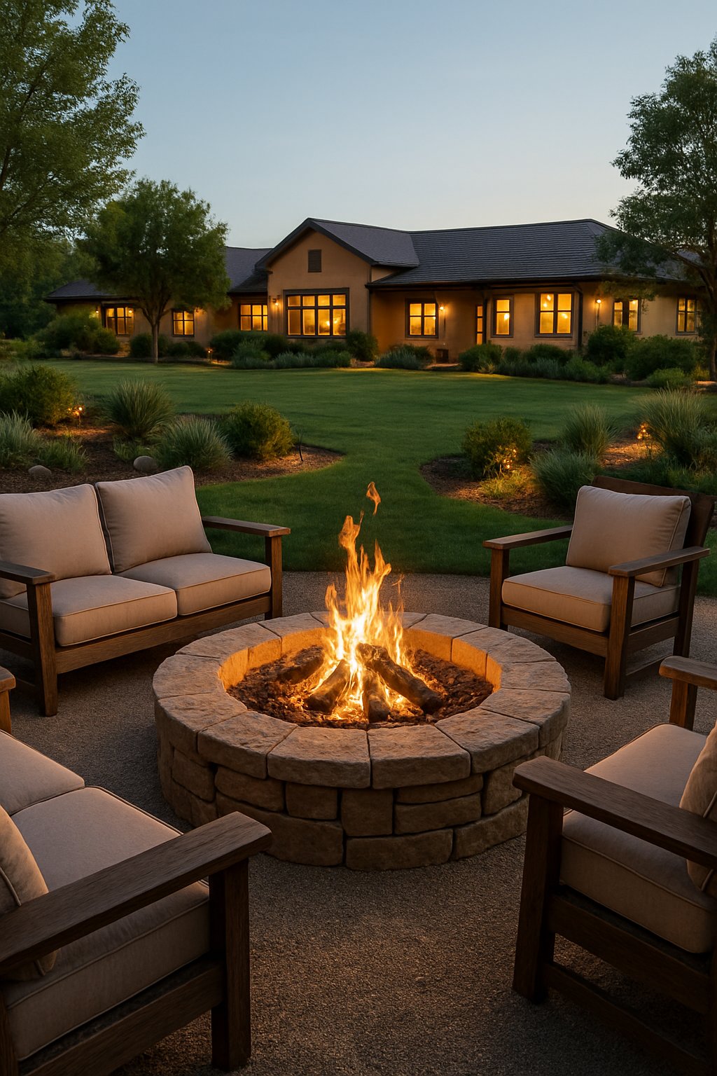 A cozy outdoor fire pit area with stone seating and wooden chairs surrounded by grass and plants near a ranch house.