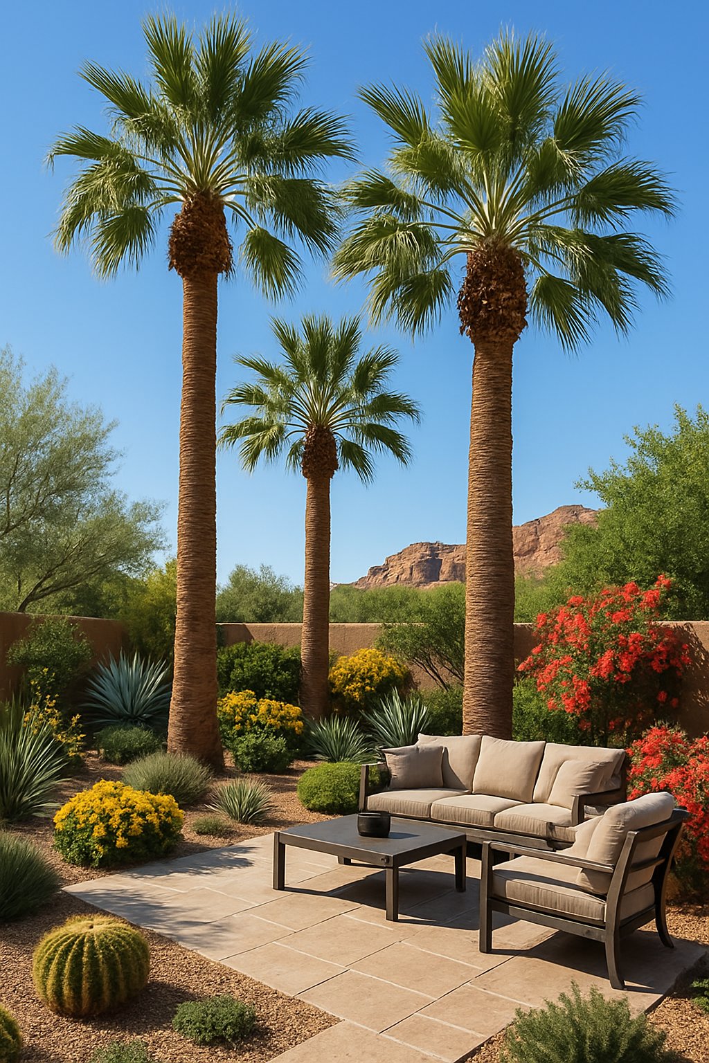 A backyard in Arizona with tall palm trees, desert plants, a stone patio, and outdoor seating under a clear blue sky.