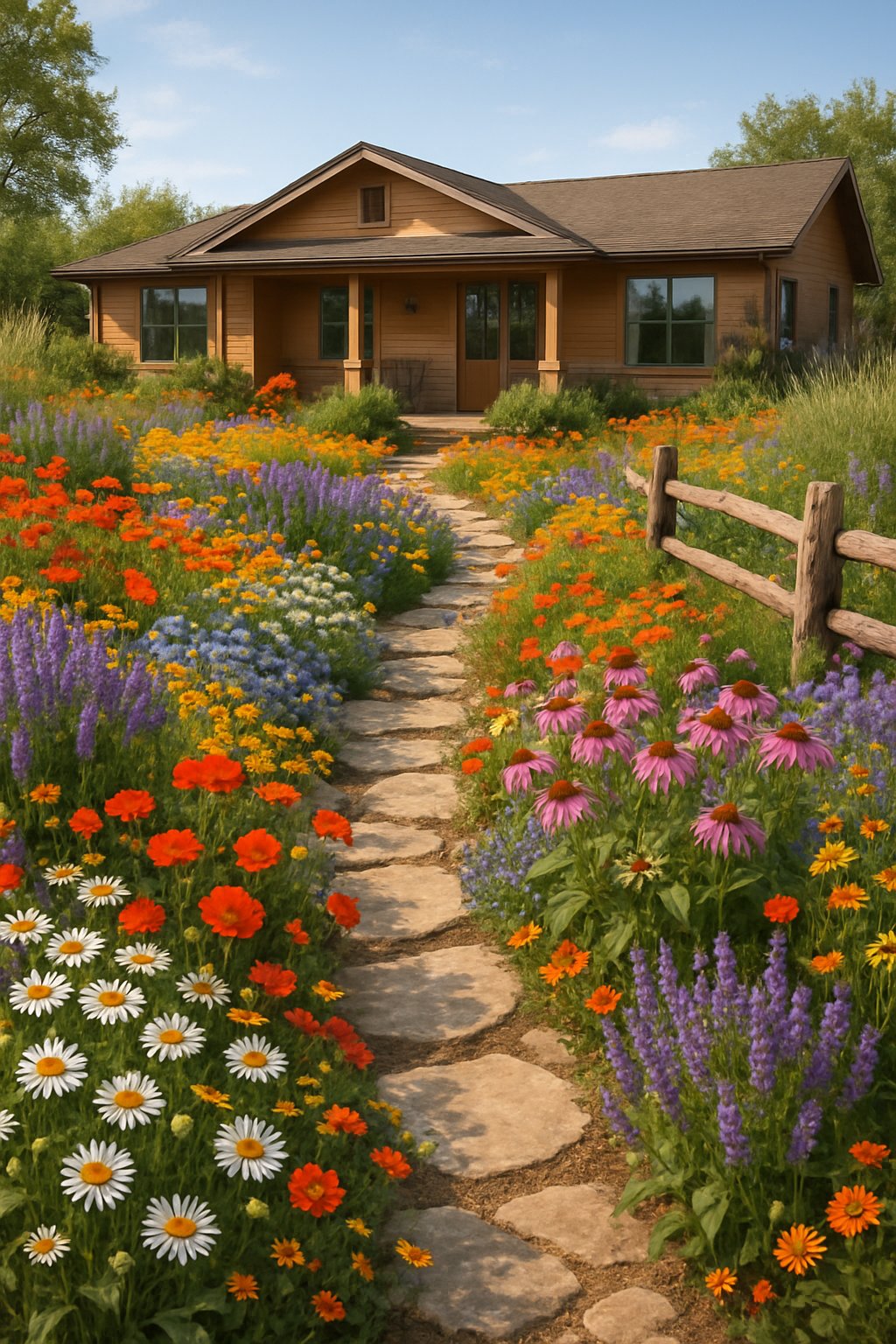 A colorful wildflower garden with various blooming flowers surrounding a single-story ranch house with a porch and stone pathways.