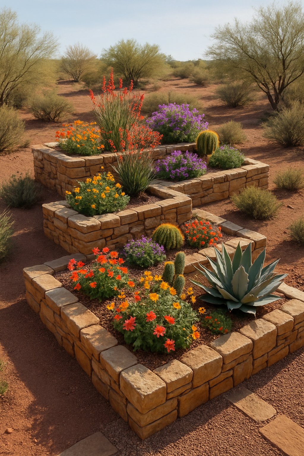 An Arizona backyard with raised flower beds made of natural stones, filled with desert plants and flowers, surrounded by gravel pathways and desert soil.