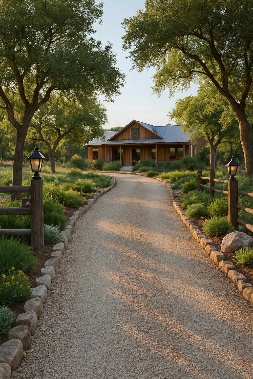 A gravel driveway leading to a rustic ranch house surrounded by trees, shrubs, and natural landscaping.