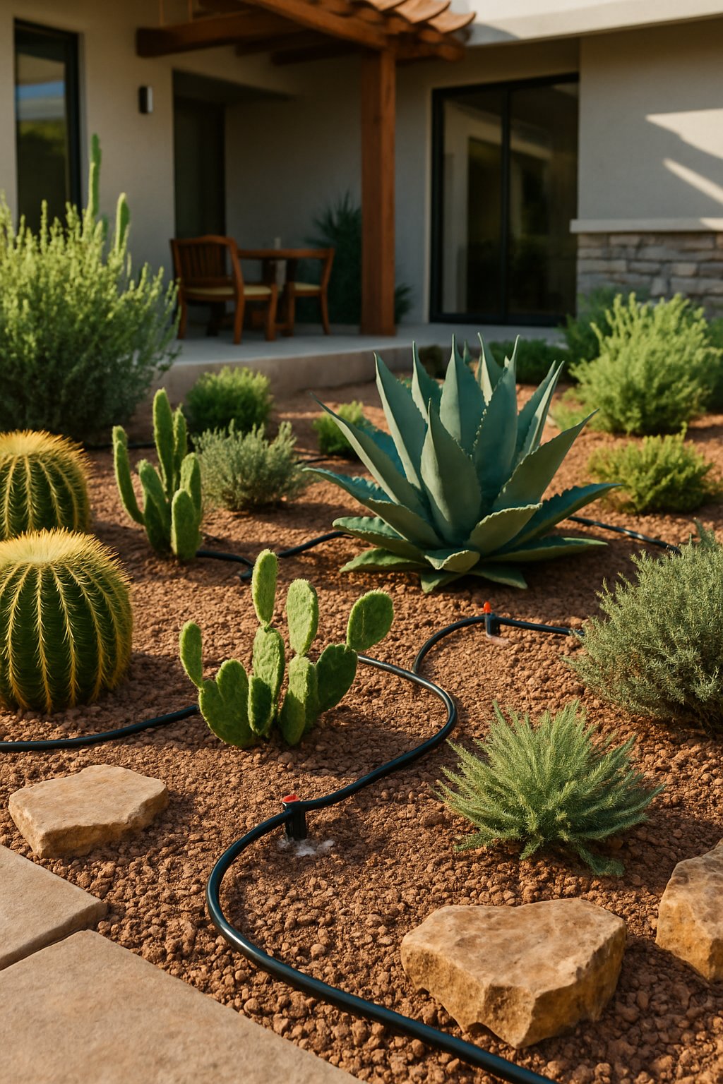 A backyard in Arizona with desert plants and a drip irrigation system installed, showing gravel, stone accents, and a patio area.