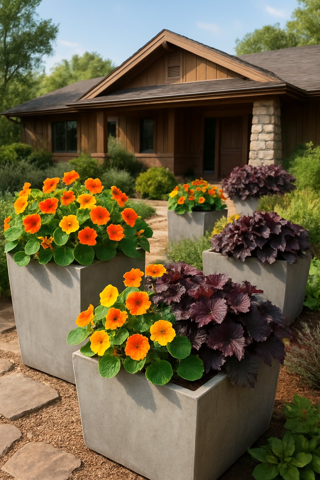Cement planters filled with bright nasturtiums and colorful heuchera plants arranged along a pathway in front of a ranch house surrounded by greenery.