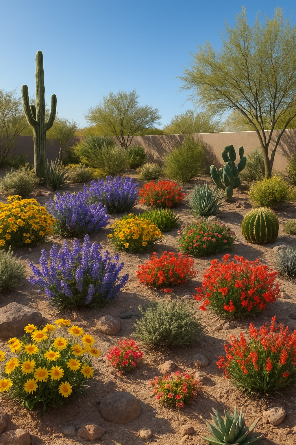 An Arizona backyard with sandy soil and desert plants, featuring colorful wildflowers blooming among cacti and rocks under a clear blue sky.