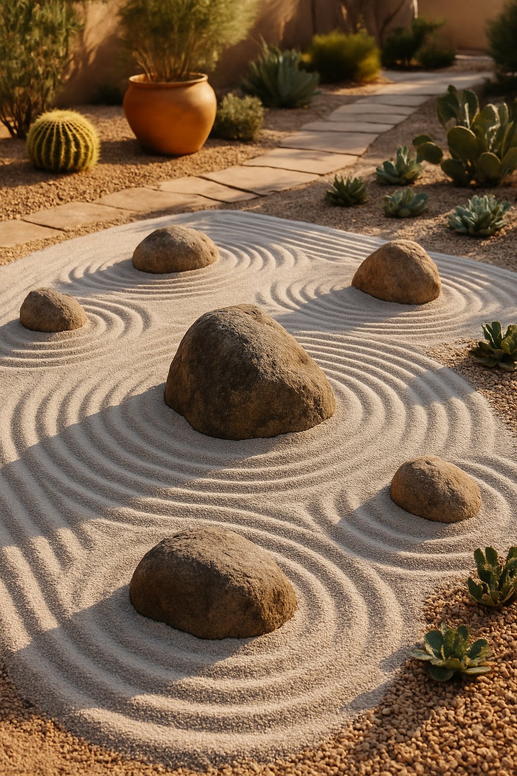 A peaceful backyard zen garden with raked sand, natural rocks, and desert plants surrounded by stone pathways.