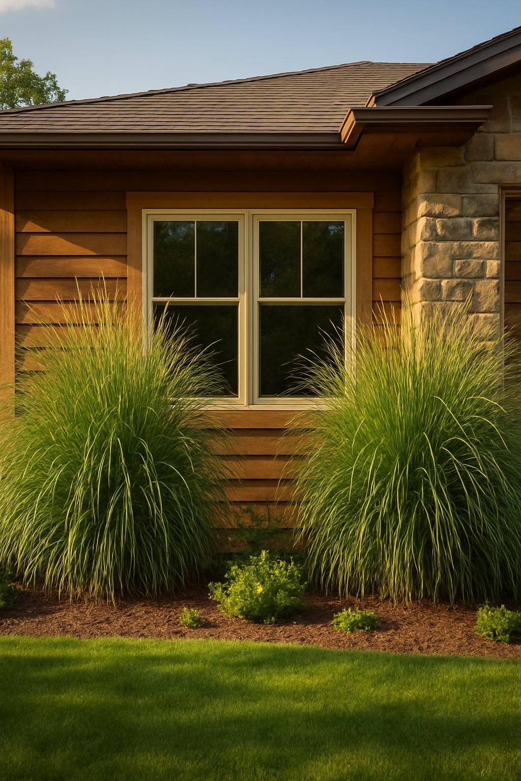 A ranch house with tall ornamental grasses framing the windows, surrounded by a well-kept lawn and landscaping.