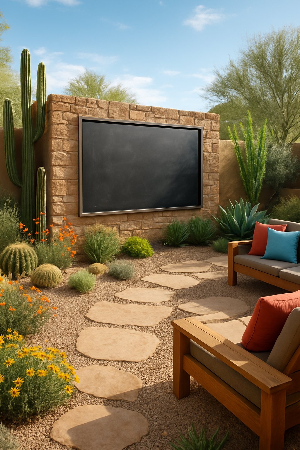 A sunny Arizona backyard with a large outdoor chalkboard wall surrounded by desert plants, seating area, and stone pathways.