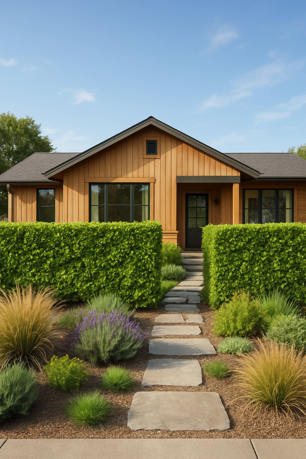 Front yard of a ranch house featuring a trimmed green hedge row that provides privacy while allowing sunlight through, surrounded by plants and stone pathways.