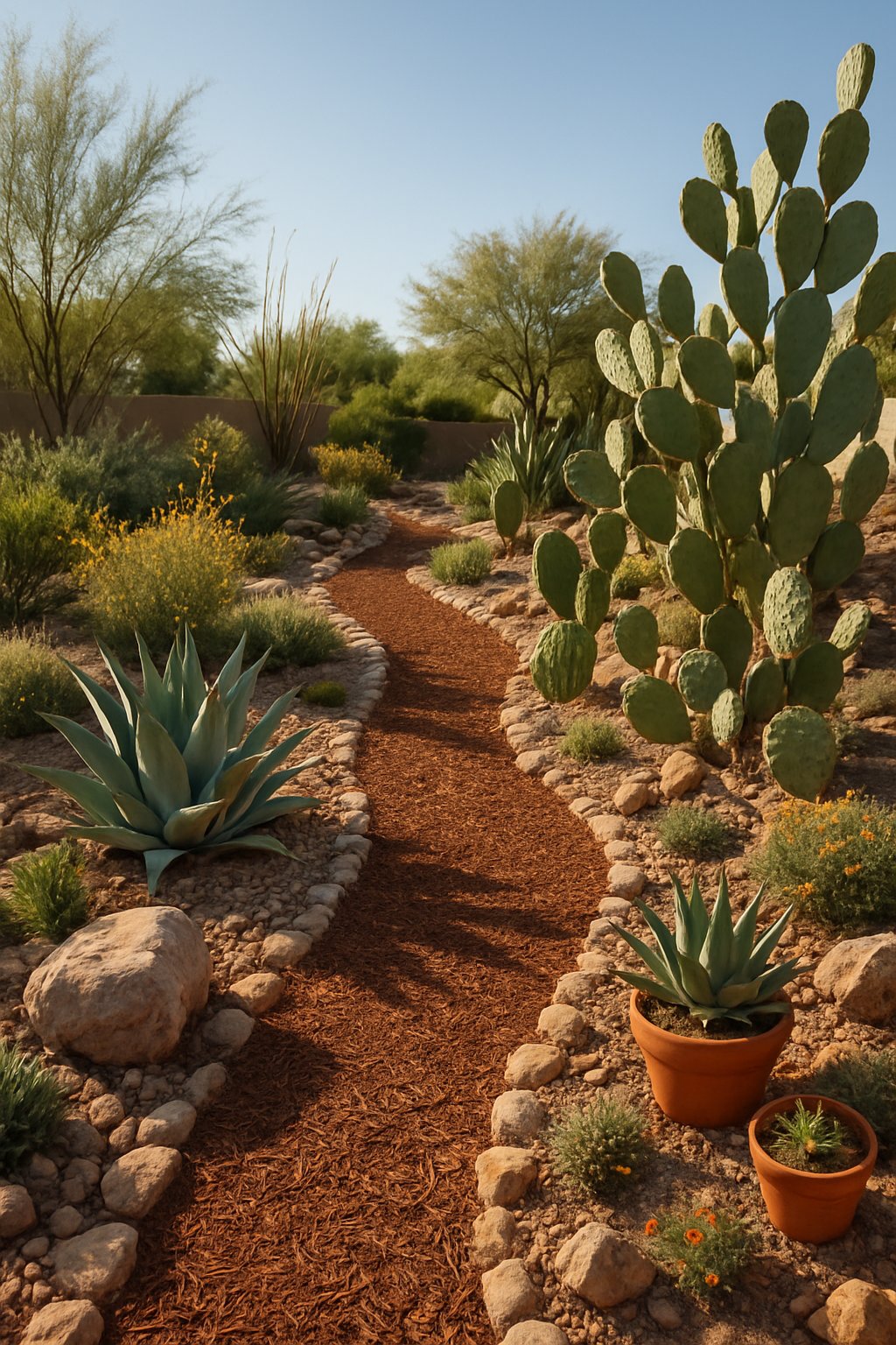 An Arizona backyard with mulch pathways winding through desert plants like agave and cacti, surrounded by rocks and succulents under a clear sky.