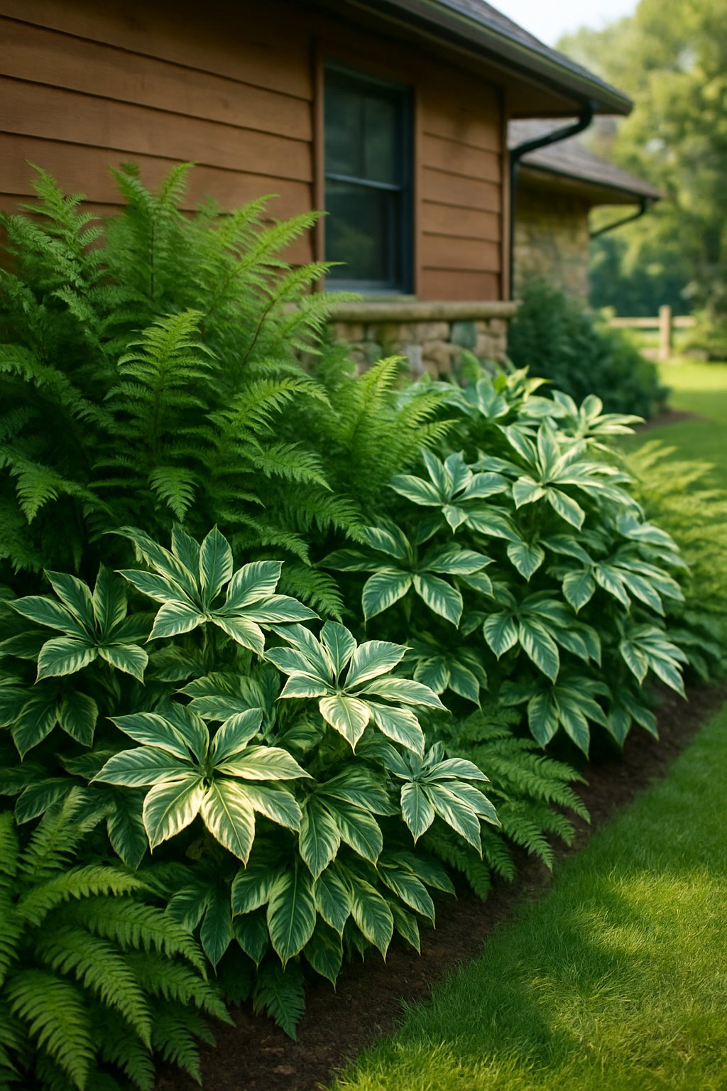 A lush garden area beside a ranch-style house featuring dense lady ferns and variegated fatsia plants with broad green and white leaves.