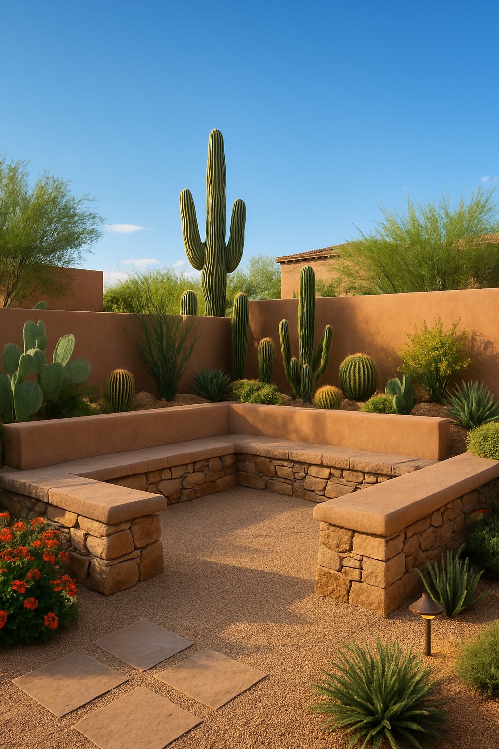 An Arizona backyard with adobe and stone seating walls surrounded by desert plants and gravel pathways under a clear blue sky.