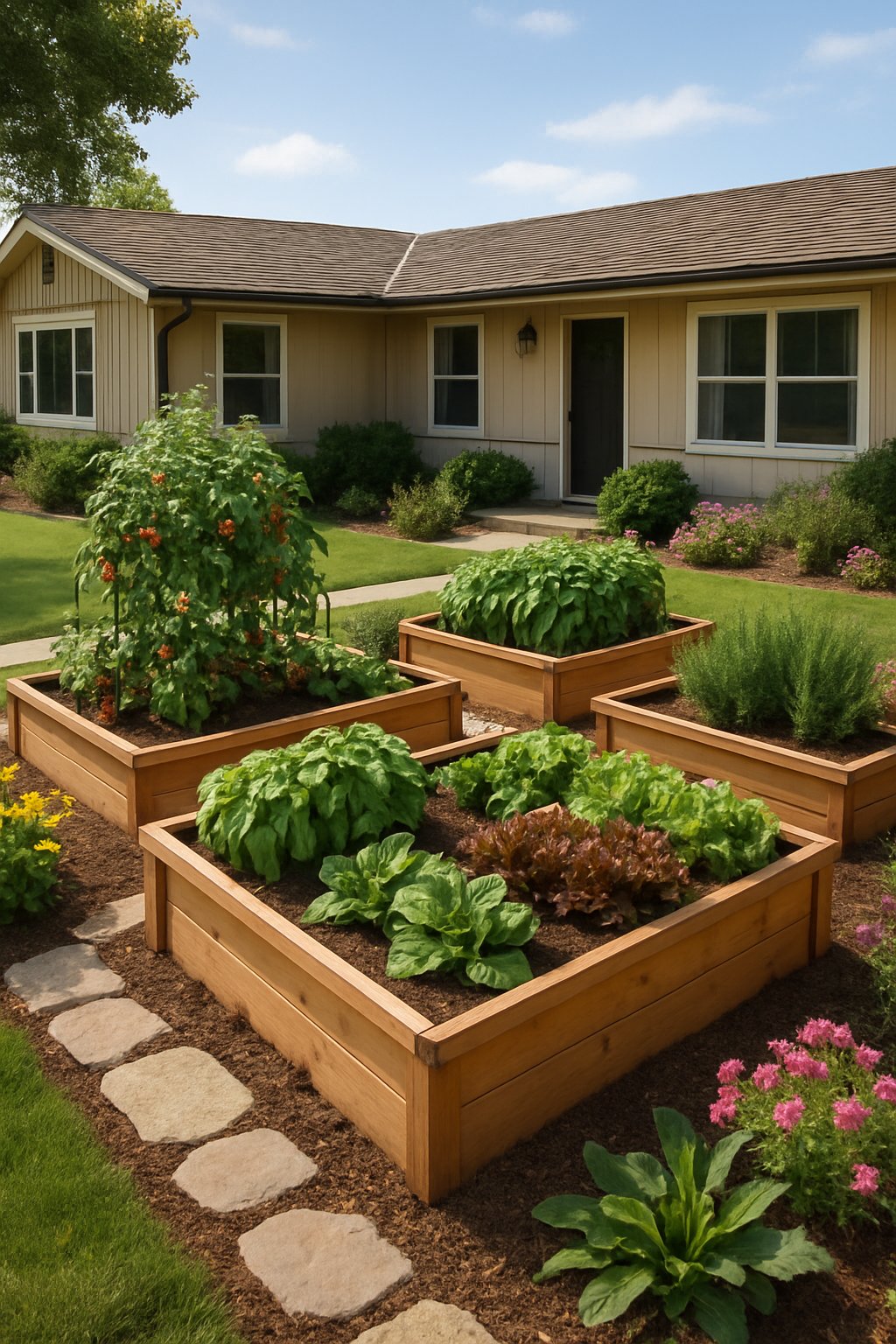 A ranch house front yard with raised wooden vegetable and herb garden beds surrounded by stone pathways and flowering plants.