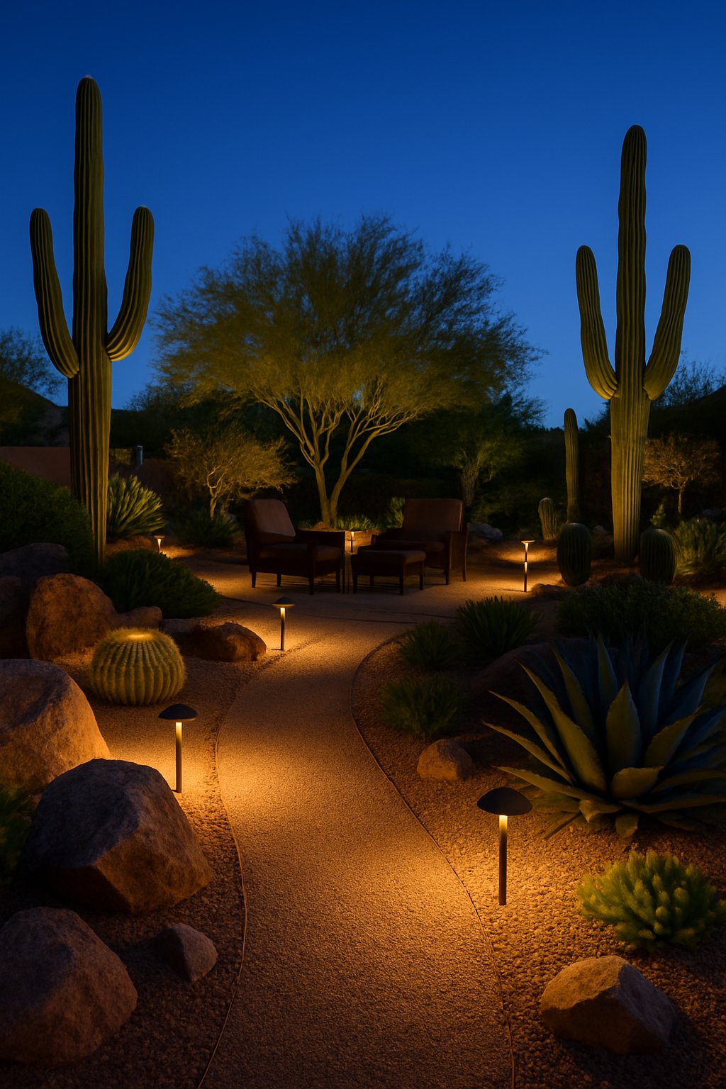 An Arizona backyard at dusk with desert plants, stone features, and solar-powered accent lights softly illuminating garden paths and seating areas.