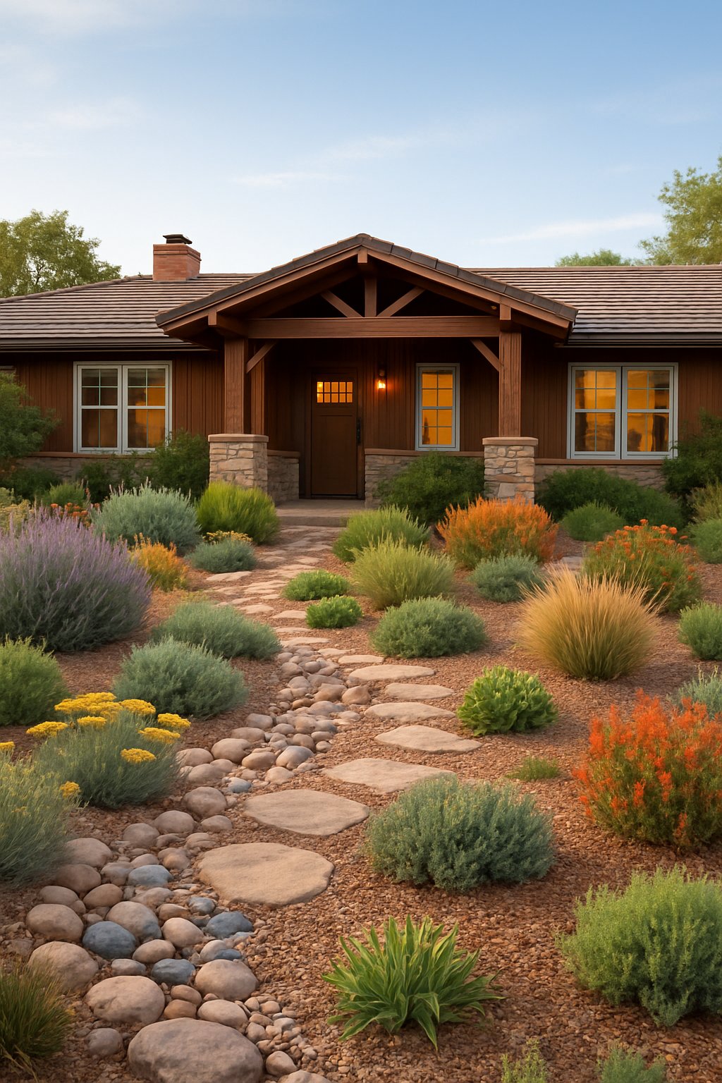 A ranch house with native plants and natural landscaping including shrubs, grasses, and stone pathways surrounding it.