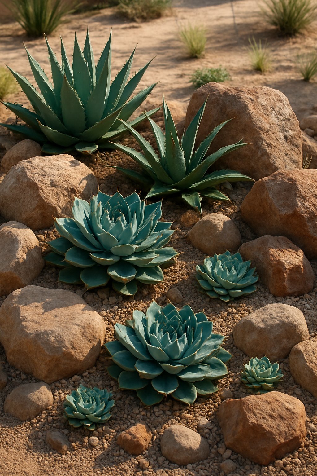 A desert rock garden in an Arizona backyard with various succulents and natural rocks arranged on sandy soil.